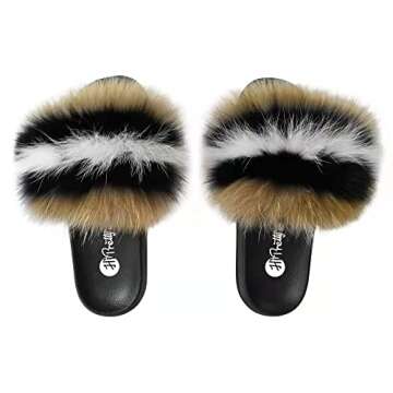 HIPRETTYUS Women's Real Fox Fur Slides, Open Toe Cute Feather Fur Slippers, Indoor or Outdoor Comfortable Furry Slides Sandals With Fluffy Fur And Soft Sole