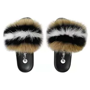 HIPRETTYUS Women's Real Fox Fur Slides, Open Toe Cute Feather Fur Slippers, Indoor or Outdoor Comfortable Furry Slides Sandals With Fluffy Fur And Soft Sole