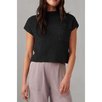 Langwyqu Womens Sleeveless Knit Sweater Vest Casual Mock Neck Cap Sleeve Solid Vintage Tank Tops with Pocket Black