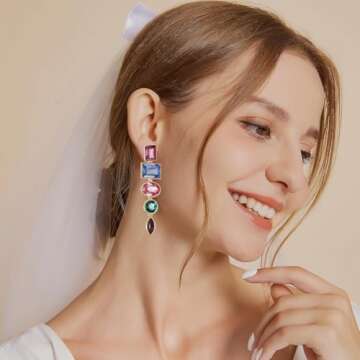 Colorful Sparkly Rhinestone Dangle Earrings Multicolor Royal Blue Rainbow Emerald Green Glitter Prom...