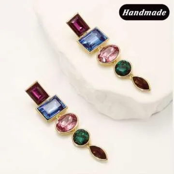 Colorful Sparkly Rhinestone Dangle Earrings Multicolor Royal Blue Rainbow Emerald Green Glitter Prom Iridescent Pom Pom Statement Pink Stone Gemstone Drop For Women