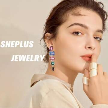 Colorful Sparkly Rhinestone Dangle Earrings Multicolor Royal Blue Rainbow Emerald Green Glitter Prom Iridescent Pom Pom Statement Pink Stone Gemstone Drop For Women