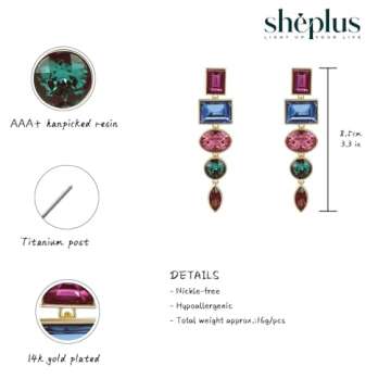 Colorful Sparkly Rhinestone Dangle Earrings Multicolor Royal Blue Rainbow Emerald Green Glitter Prom Iridescent Pom Pom Statement Pink Stone Gemstone Drop For Women