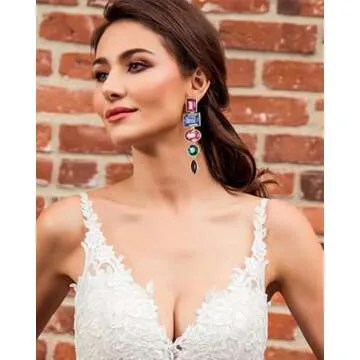 Colorful Sparkly Rhinestone Dangle Earrings Multicolor Royal Blue Rainbow Emerald Green Glitter Prom Iridescent Pom Pom Statement Pink Stone Gemstone Drop For Women