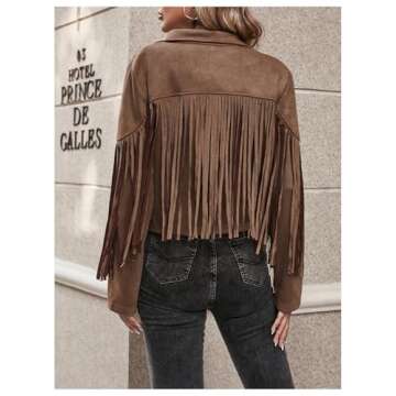 MakeMeChic Women's Tassel Fringe Faux Suede Lapel Neck Open Front Jacket Coat Brown A M