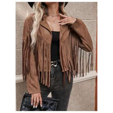 MakeMeChic Women's Tassel Fringe Faux Suede Lapel Neck Open Front Jacket Coat Brown A M