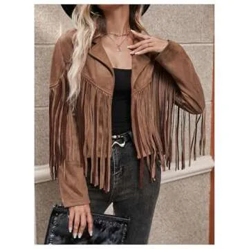 MakeMeChic Women's Tassel Fringe Faux Suede Lapel Neck Open Front Jacket Coat Brown A M