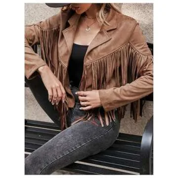 MakeMeChic Women's Tassel Fringe Faux Suede Lapel Neck Open Front Jacket Coat Brown A M