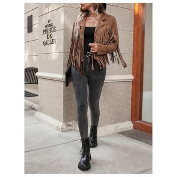 MakeMeChic Women's Tassel Fringe Faux Suede Lapel Neck Open Front Jacket Coat Brown A M