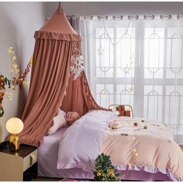 VETHIN Bed Canopy for Girls Kids,Princess Round Dome Children Dreamy Mosquito Net Bedding Girls Room Castle Play Tent Hanging House Decor Reading Nook Canopies (JujubeRed)