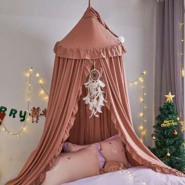 VETHIN Bed Canopy for Girls Kids,Princess Round Dome Children Dreamy Mosquito Net Bedding Girls Room Castle Play Tent Hanging House Decor Reading Nook Canopies (JujubeRed)