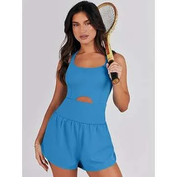 ANRABESS Women Rompers Running Exercise Workout Set One Piece Jumpsuits Gym Yoga Outfits 2025 Summer Active Wear Clothes Blue X-Large