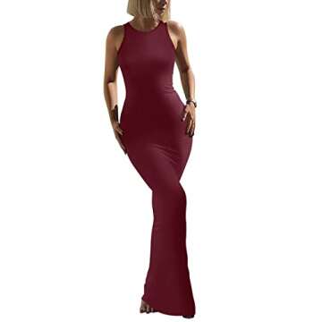 REORIA Women's Summer Sexy Casual Lounge Tank Long Dress Elegant Wedding Guest Sleeveless Halter Neck Bodycon Maxi Dresses Burgundy Large