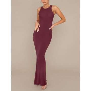 REORIA Women's Summer Sexy Casual Lounge Tank Long Dress Elegant Wedding Guest Sleeveless Halter Neck Bodycon Maxi Dresses Burgundy Large