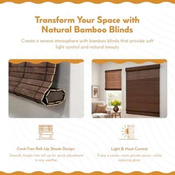 Radiance Cordless Bamboo Roman Shades for Windows - Flatstick Bamboo Blinds for Semi-Private Light Control - Easy to Lift & Fold Up Window Shades - Cocoa - 30 in. W x 64 in. L - (2216306E)