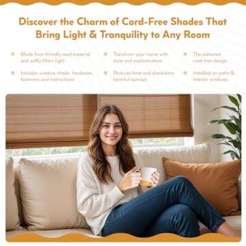 Radiance Cordless Bamboo Roman Shades for Windows - Flatstick Bamboo Blinds for Semi-Private Light Control - Easy to Lift & Fold Up Window Shades - Cocoa - 30 in. W x 64 in. L - (2216306E)