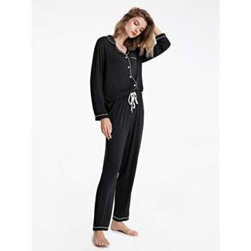 SIORO Womens Pajamas Set Long Sleeve, Button Down Cotton Pj Sets For Women Soft Nightwear,Black With White Piping, Large