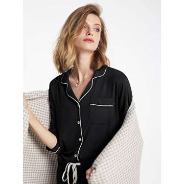 SIORO Womens Pajamas Set Long Sleeve, Button Down Cotton Pj Sets For Women Soft Nightwear,Black With White Piping, Large