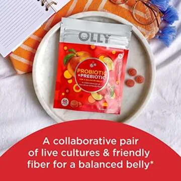 OLLY Probiotic + Prebiotic Gummy, Digestive Support and Gut Health, 500 Million CFUs, Fiber, Adult Chewable Supplement, Peach, Case Pack