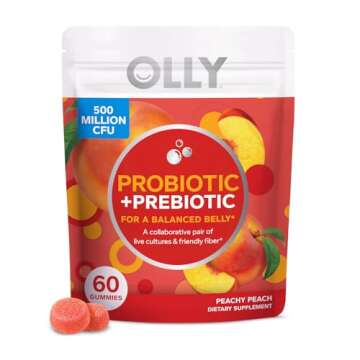 OLLY Probiotic + Prebiotic Gummy, Digestive Support and Gut Health, 500 Million CFUs, Fiber, Adult Chewable Supplement, Peach, Case Pack