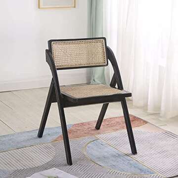 Folding Dining Chairs Set of 2, Wooden Foldable Dining Chairs 100% Real Rattan Woven Seat and Back,H...
