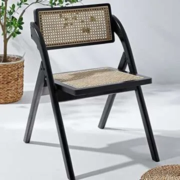 Folding Dining Chairs Set of 2, Wooden Foldable Dining Chairs 100% Real Rattan Woven Seat and Back,Handmade for Living Room Bedroom, Garden Balcony, Bohemian (Black)