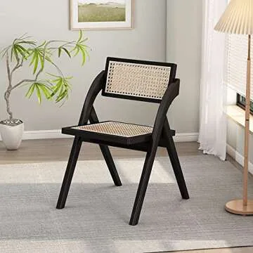 Folding Dining Chairs Set of 2, Wooden Foldable Dining Chairs 100% Real Rattan Woven Seat and Back,Handmade for Living Room Bedroom, Garden Balcony, Bohemian (Black)