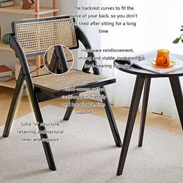Folding Dining Chairs Set of 2, Wooden Foldable Dining Chairs 100% Real Rattan Woven Seat and Back,Handmade for Living Room Bedroom, Garden Balcony, Bohemian (Black)