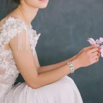 BriLove Wedding Bridal Elegant Crystal Double Row Teardrop Cluster Stretch Bangle Bracelet for Bride Iridescent AB Gold-Tone