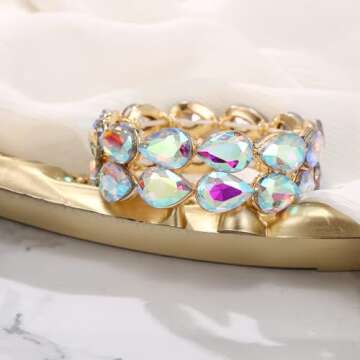BriLove Wedding Bridal Elegant Crystal Double Row Teardrop Cluster Stretch Bangle Bracelet for Bride Iridescent AB Gold-Tone