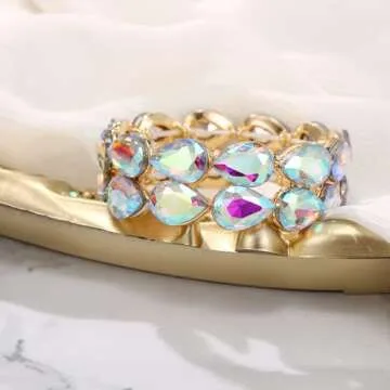 BriLove Wedding Bridal Elegant Crystal Double Row Teardrop Cluster Stretch Bangle Bracelet for Bride Iridescent AB Gold-Tone