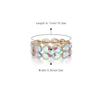 BriLove Wedding Bridal Elegant Crystal Double Row Teardrop Cluster Stretch Bangle Bracelet for Bride Iridescent AB Gold-Tone