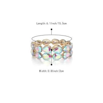 BriLove Wedding Bridal Elegant Crystal Double Row Teardrop Cluster Stretch Bangle Bracelet for Bride Iridescent AB Gold-Tone