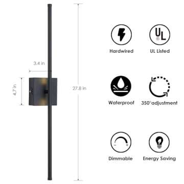 KARTOOSH Modern Wall Sconces Set of Two, Dimmable Hardwired Wall Sconces, 350° Rotate, LED Matte Black Wall Light Fixtures, 3000K Warm Light Wall Lamp for Bathroom, Living Room, 27.8 Inch (2 Pack)