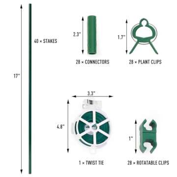MAXPACE 125pcs Garden Stakes Kit: Includes 40 Sets of Fiberglass Plant Sticks Supports & Accessories for DIY 4ft, 5ft, 6ft, 7ft Stakes for Tomato, Vegetables, Indoor & Outdoor Gardening Supplies