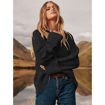 LOGENE Women's Oversized Sweater Crewneck Long Sleeve Soft Fuzzy Knit Pullover Sweaters 2024 Winter Fashion Warm Tops Clothes Black Large