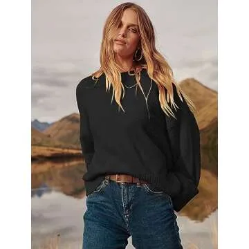 LOGENE Women's Oversized Sweater Crewneck Long Sleeve Soft Fuzzy Knit Pullover Sweaters 2024 Winter Fashion Warm Tops Clothes Black Large