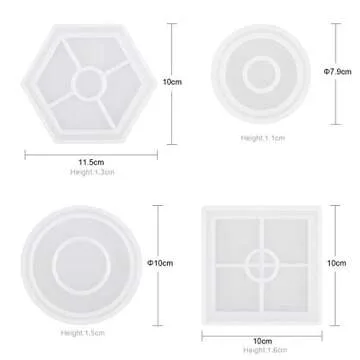 DIY Coaster Silicone Mold, Pack of 4 Resin Molds for Casting Eco-Friendly Sturdy Hexagon Square Round Mold Bottom Bracket for Casting with Resin,Concrete,Cement