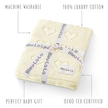 Bleu La La 100% Cotton Unisex Heart Knit Swaddle Luxury Baby Blanket for Girls and Boys - Soft Warm Cozy Swaddling Receiving Stroller Crib Blanket for Newborns Infants Toddlers (Ivory, 0-2 Years)