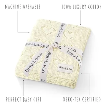 Bleu La La 100% Cotton Unisex Heart Knit Swaddle Luxury Baby Blanket for Girls and Boys - Soft Warm Cozy Swaddling Receiving Stroller Crib Blanket for Newborns Infants Toddlers (Ivory, 0-2 Years)