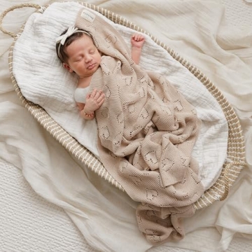 Bleu La La 100% Cotton Unisex Heart Knit Swaddle Luxury Baby Blanket for Girls and Boys - Soft Warm Cozy Swaddling Receiving Stroller Crib Blanket for Newborns Infants Toddlers (Ivory, 0-2 Years)