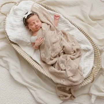 Bleu La La 100% Cotton Unisex Heart Knit Swaddle Luxury Baby Blanket for Girls and Boys - Soft Warm Cozy Swaddling Receiving Stroller Crib Blanket for Newborns Infants Toddlers (Ivory, 0-2 Years)