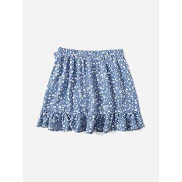 Milumia Girl's Boho Floral Print Ruffle Hem Skirt Wrap Knot Side Short Mini Skirts Blue and White 10 Years
