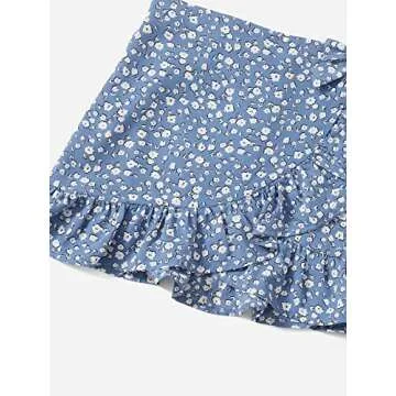 Milumia Girl's Boho Floral Print Ruffle Hem Skirt Wrap Knot Side Short Mini Skirts Blue and White 10 Years