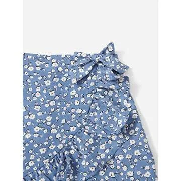 Milumia Girl's Boho Floral Print Ruffle Hem Skirt Wrap Knot Side Short Mini Skirts Blue and White 10 Years