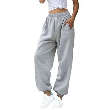 ASHER FASHION Women's Active High Waist Jogger Sweatpants Baggy Lounge Yoga Pants with Pockets Sporty Gray S