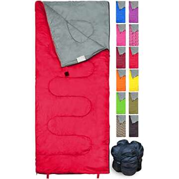 Lightweight Red Sleeping Bag by RevalCamp. Indoor & Outdoor use. Great for Kids, Teens & Adults. Ultra Light and Compact Bags are Perfect for Hiking, Backpacking, Camping & Travel.