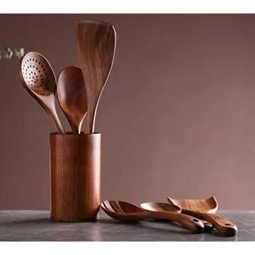 Kitchen Utensils Set, NAYAHOSE Wooden spoons for Cooking Non-stick Pan Kitchen Tool Wooden Cooking Spoons and Wooden utensil storage wooden barrel