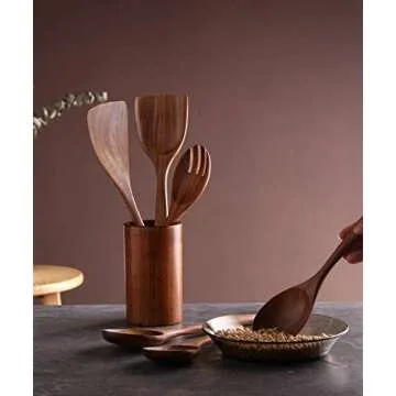 Kitchen Utensils Set, NAYAHOSE Wooden spoons for Cooking Non-stick Pan Kitchen Tool Wooden Cooking Spoons and Wooden utensil storage wooden barrel