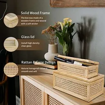 POPRHINO Rattan Decorative Box with Glass Lids, Set of 2 Rectangular Decorative Boxes for Home Décor, Rattan Woven Case for Display, Wicker Storage Decoration (15 x 9.4 x 6 Inch, 12.2 x 7 x 3.9Inch)